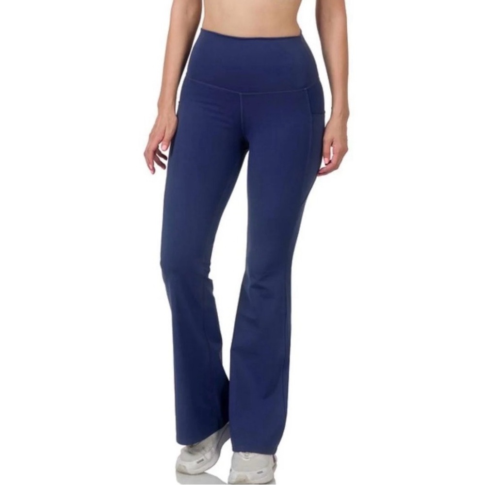 Zenana Blue Wide Waistband Flare Pants | Size Large